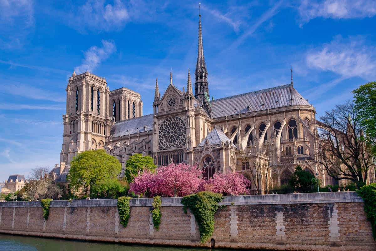 Notre-Dame apse and flying buttresses above spring blossoms alongside cathedral details at Notre-Dame Cathedral in Paris, France.