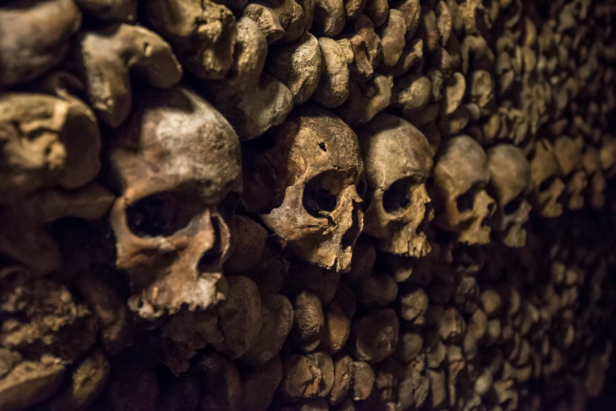 Paris Catacombs in Paris, France, with single skull projecting from a dark wall of stacked bones.