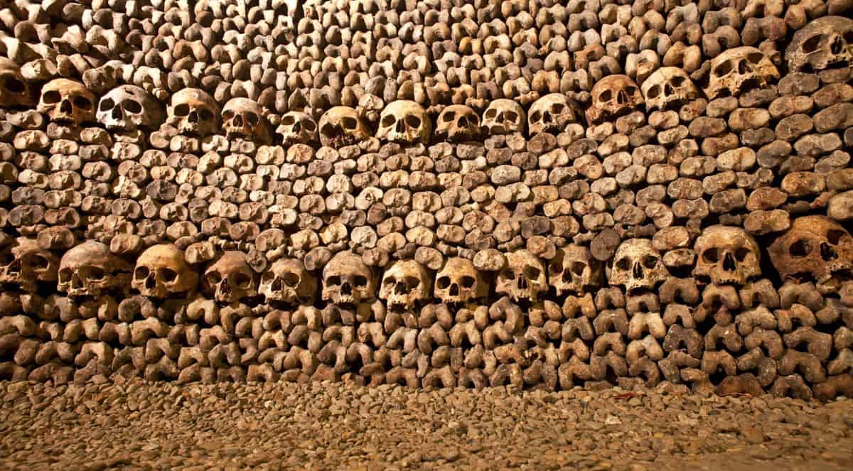 Paris Catacombs in Paris, France, with dense wall of skulls and long bones arranged in level bands.
